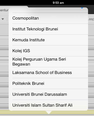 Select menu choices for higher education only lists Brunei institutions