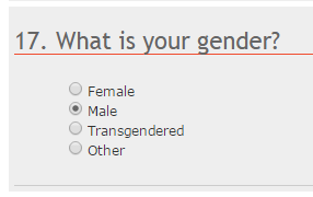 A form asking "What is your gender?" giving 4 options: Female, Male, Transgendered and Other