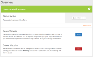 The option to pause (and delete) CloudFlare is found in the Advanced section of the Overview tab