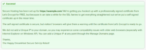 A DreamHost confirmation message saying it will use a temporary self-signed certificate